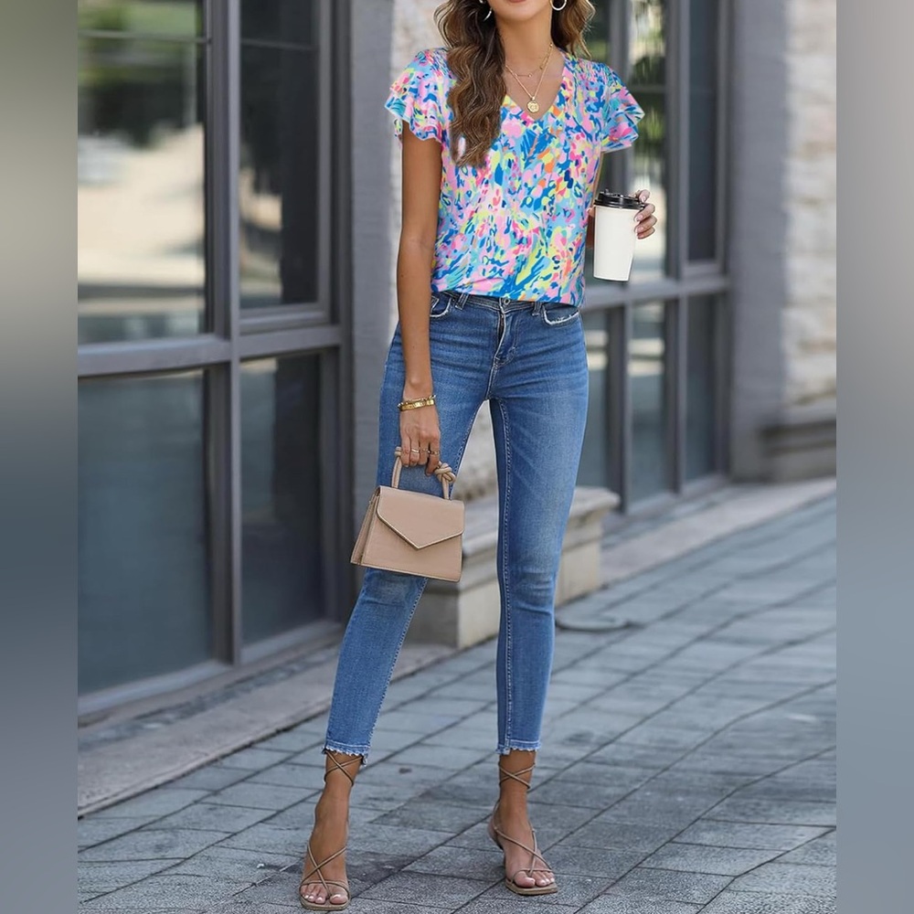 NEW Short Sleeve Pleated Crewneck Casual Blouse Colorful Shirt XL - Picture 4 of 6